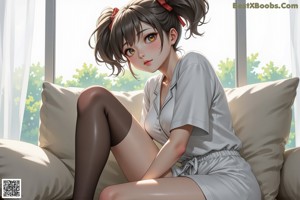 A naked anime girl sitting on a bed.