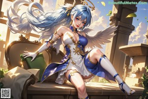 A woman with long blue hair wearing a white and blue outfit.