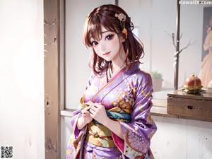 A woman in a purple kimono holding an umbrella.