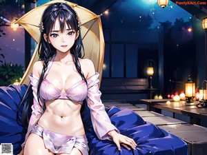 A woman in a blue kimono sitting on a table.