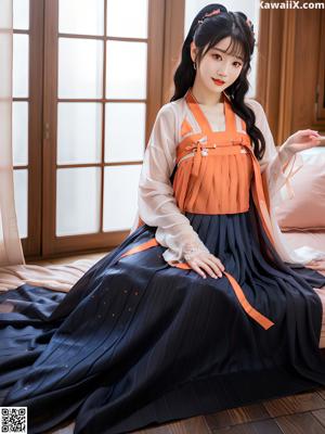 A woman in a pink and orange hanbok sitting on a couch.