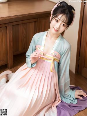 A woman in a pink and orange hanbok sitting on a couch.