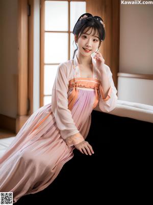A woman in a pink and blue dress sitting on a bed.